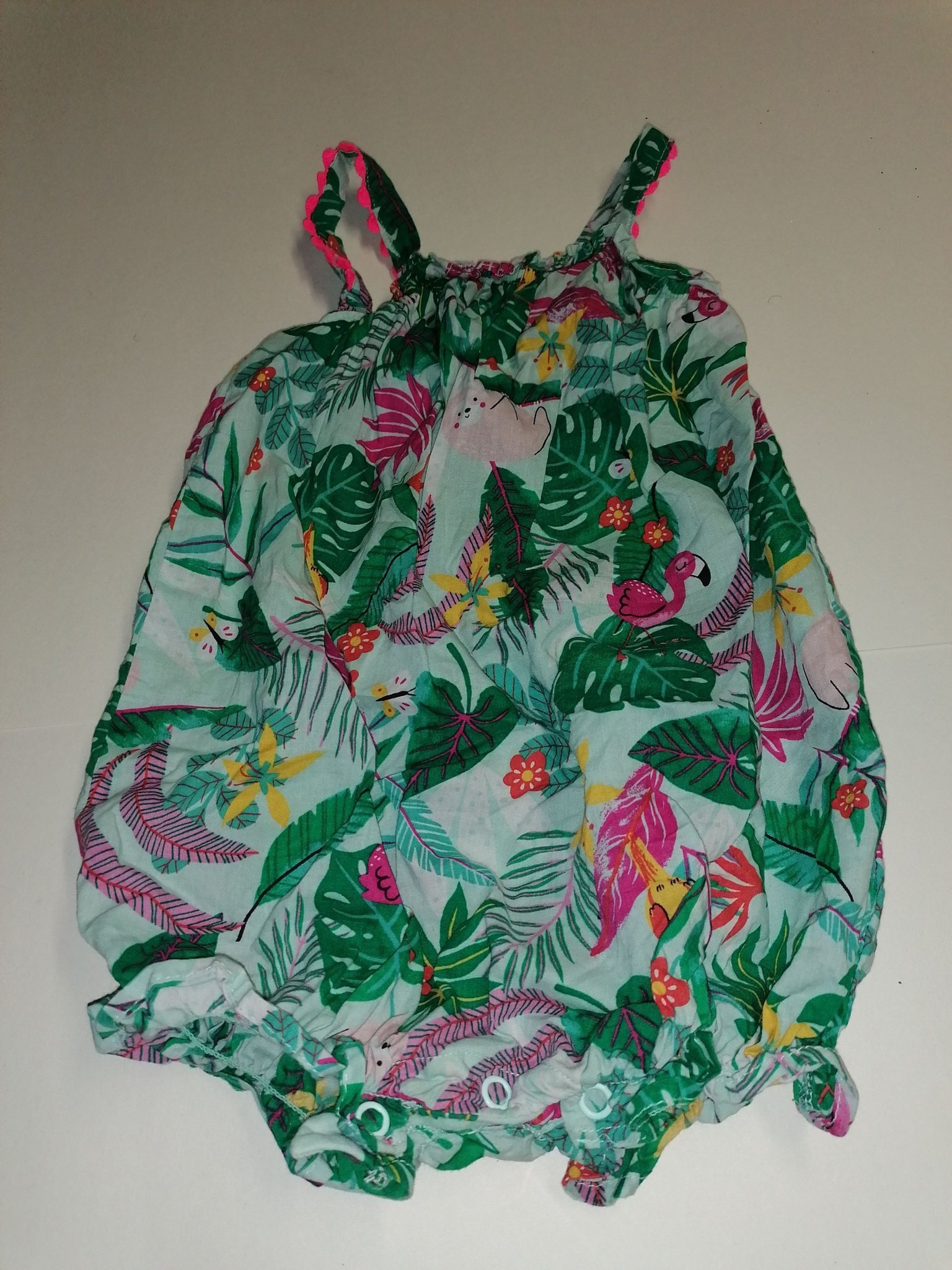 Byxdress jumpsuit med djungelmönster strl 80 h&m flamingo papegoja
