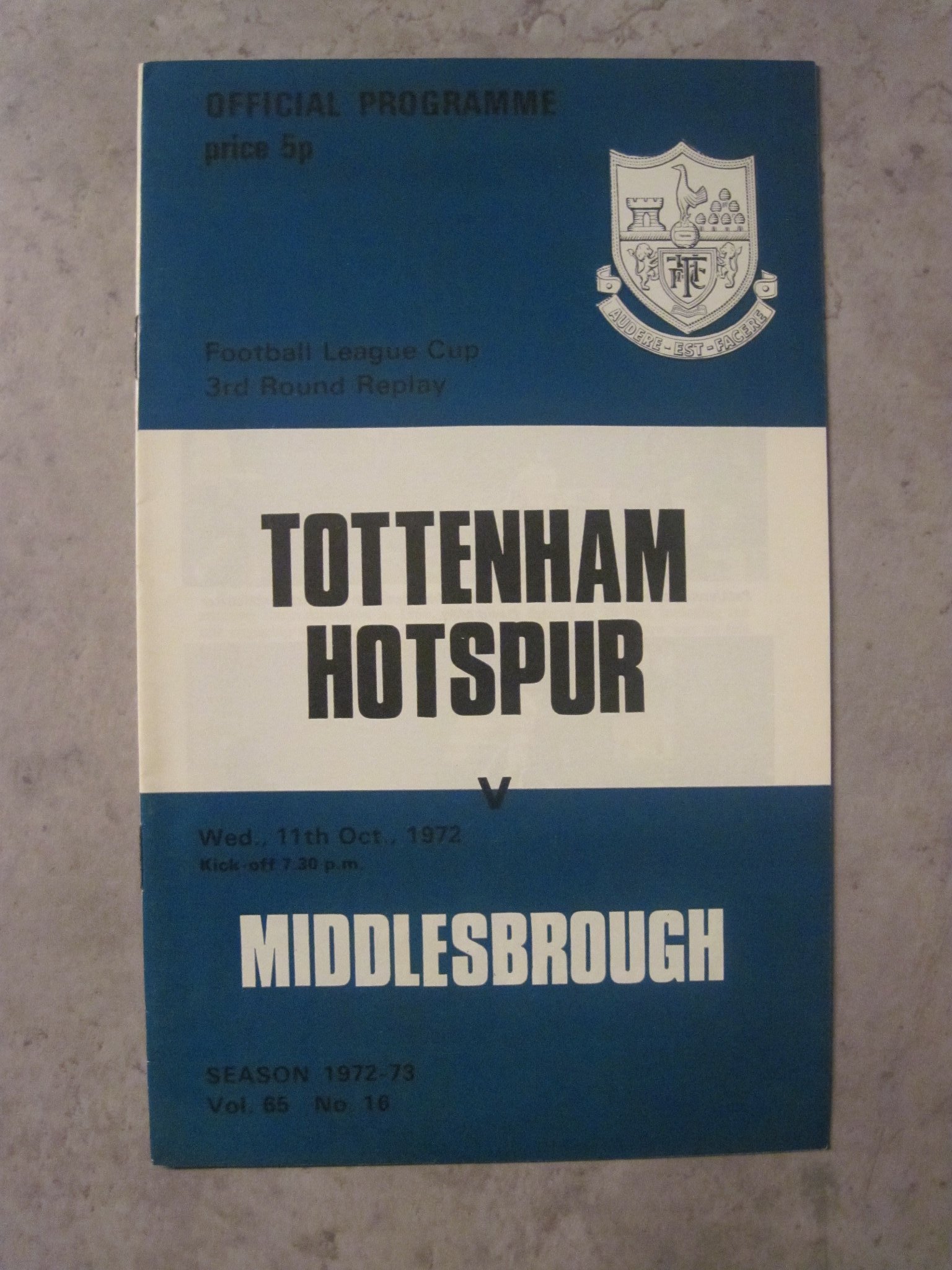 Program Tottenham Hotspurs vs Middlesbrough 11th October 1972