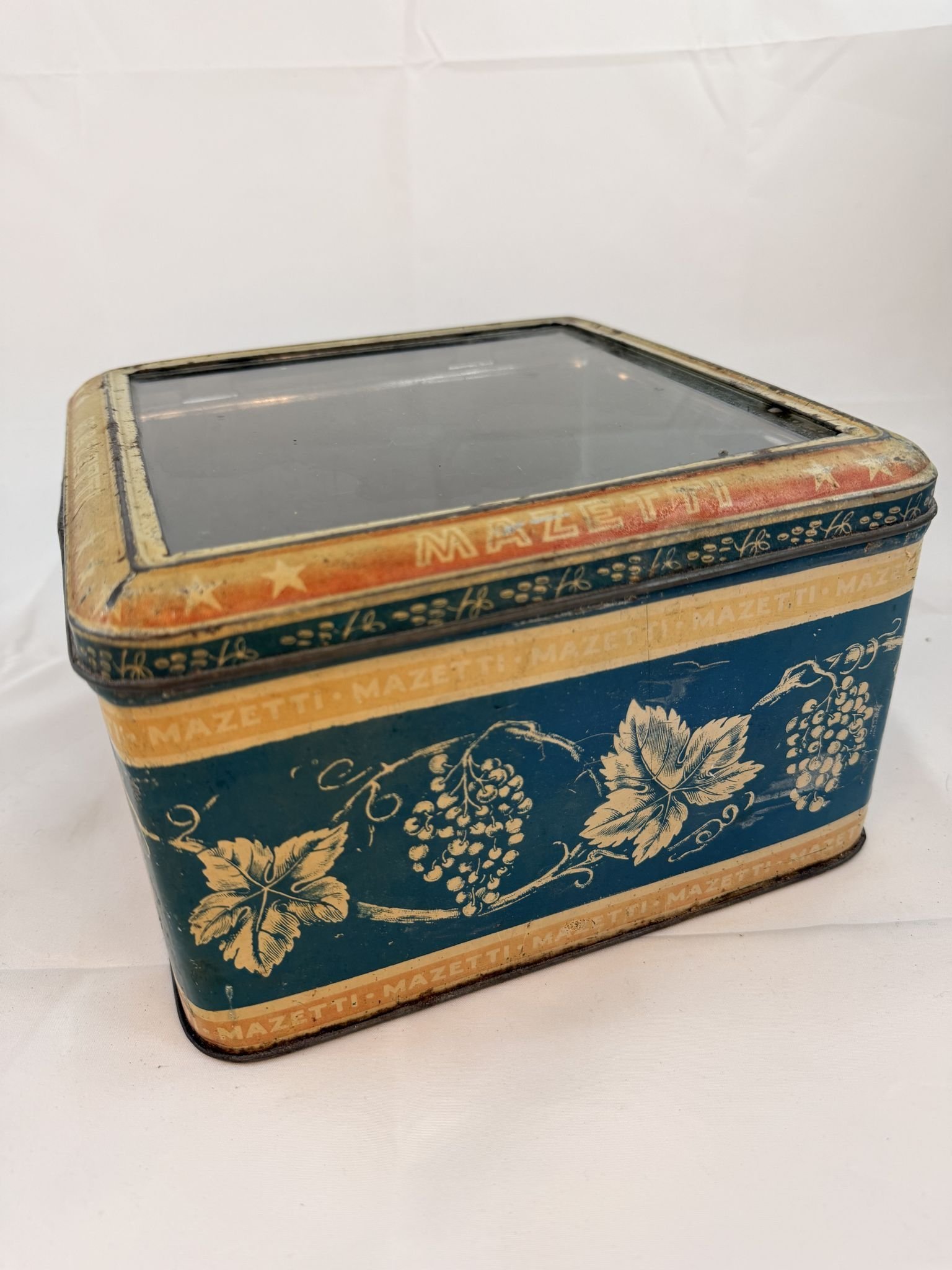 Nr14 ÄLDRE BURK LITOGRAFERAD BLECKPLÅT &amp; GLASLOCK MAZETTI CHOKLAD