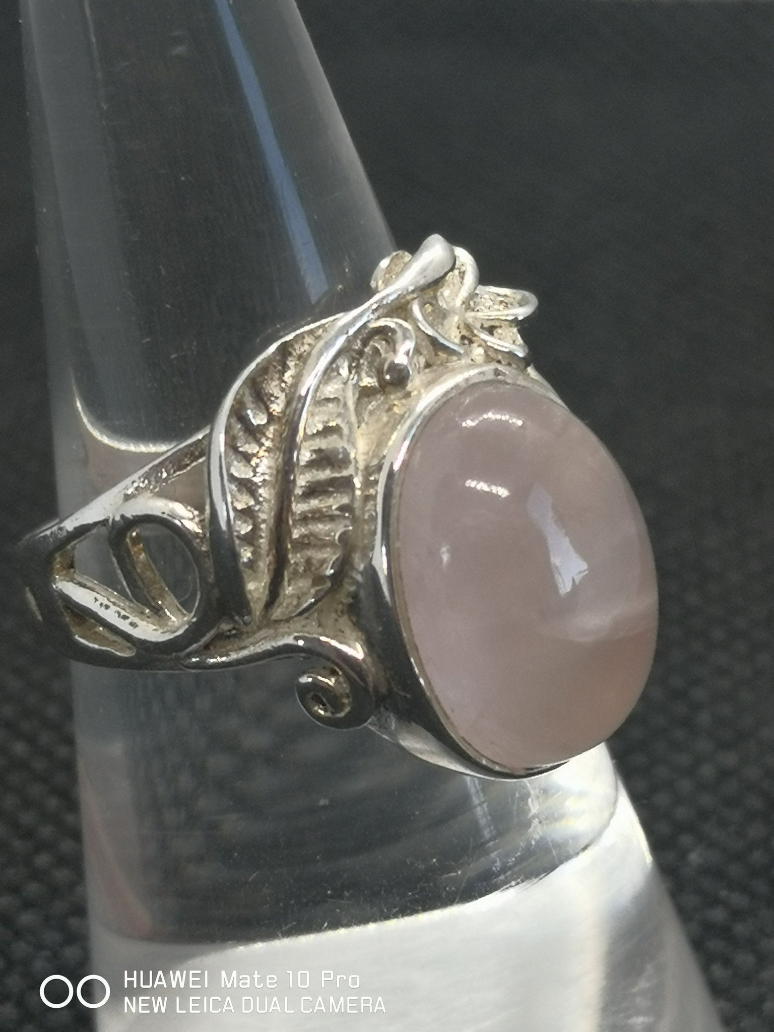 RING ROSENKVARTS 17mm LÖV detaljerat silverarbete ~ Silver