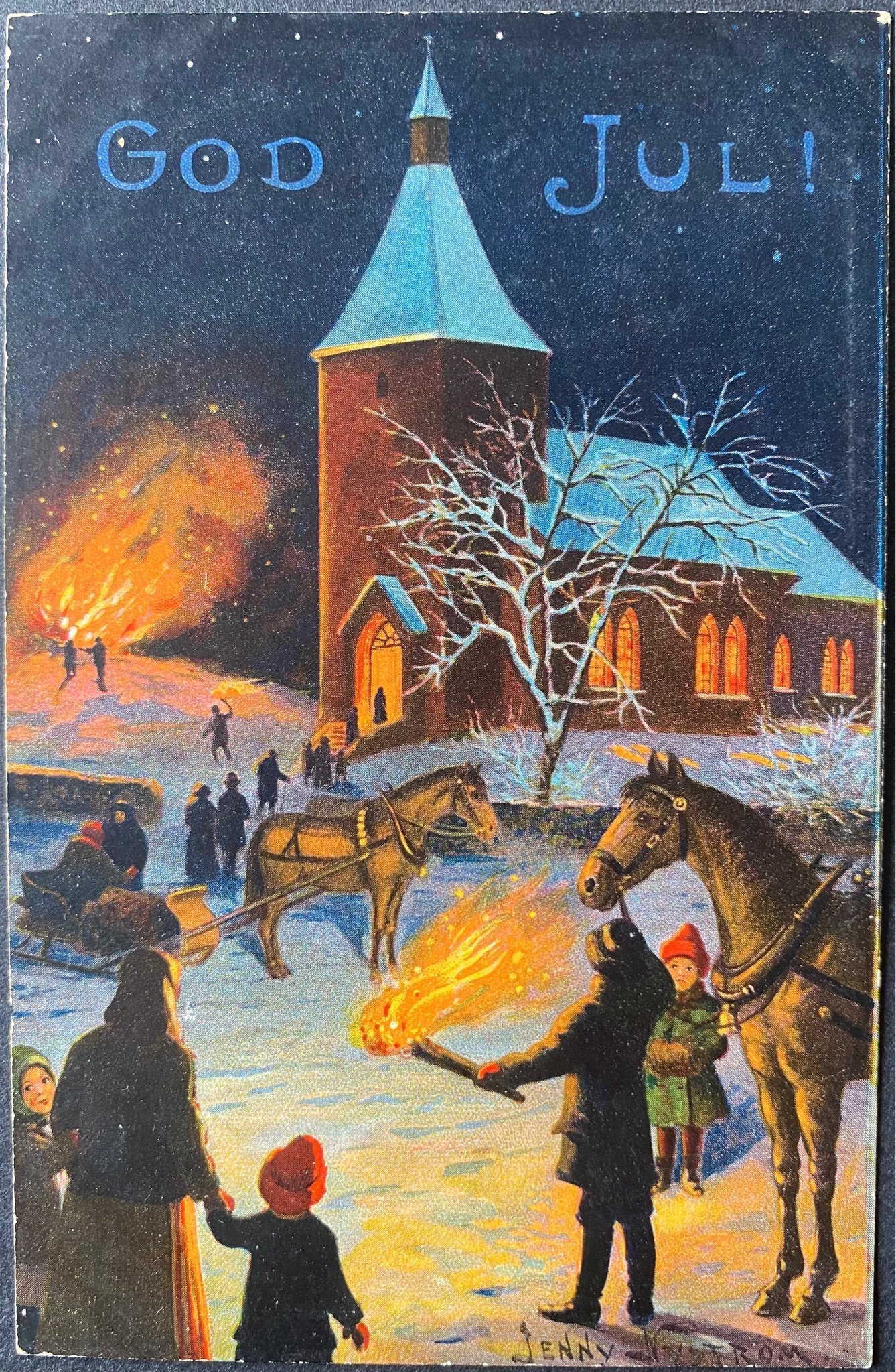 Vykort - God jul - kyrka med facklor - Je.. (449935156) ᐈ Då-tid på Tradera