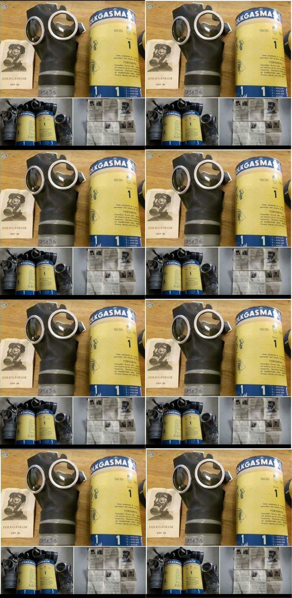 8 st Oanvänd gasmask folkskyddsmask 32. Storlek 3. Obrutna förpackningar.