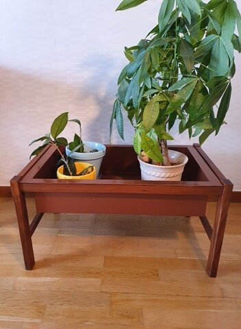 RETRO BLOMBORD/BLOMLÅDA PLANTERINGSLÅDA MÖRK TEAK KOPPAR 50/60-TAL. LÅGT UTROP!