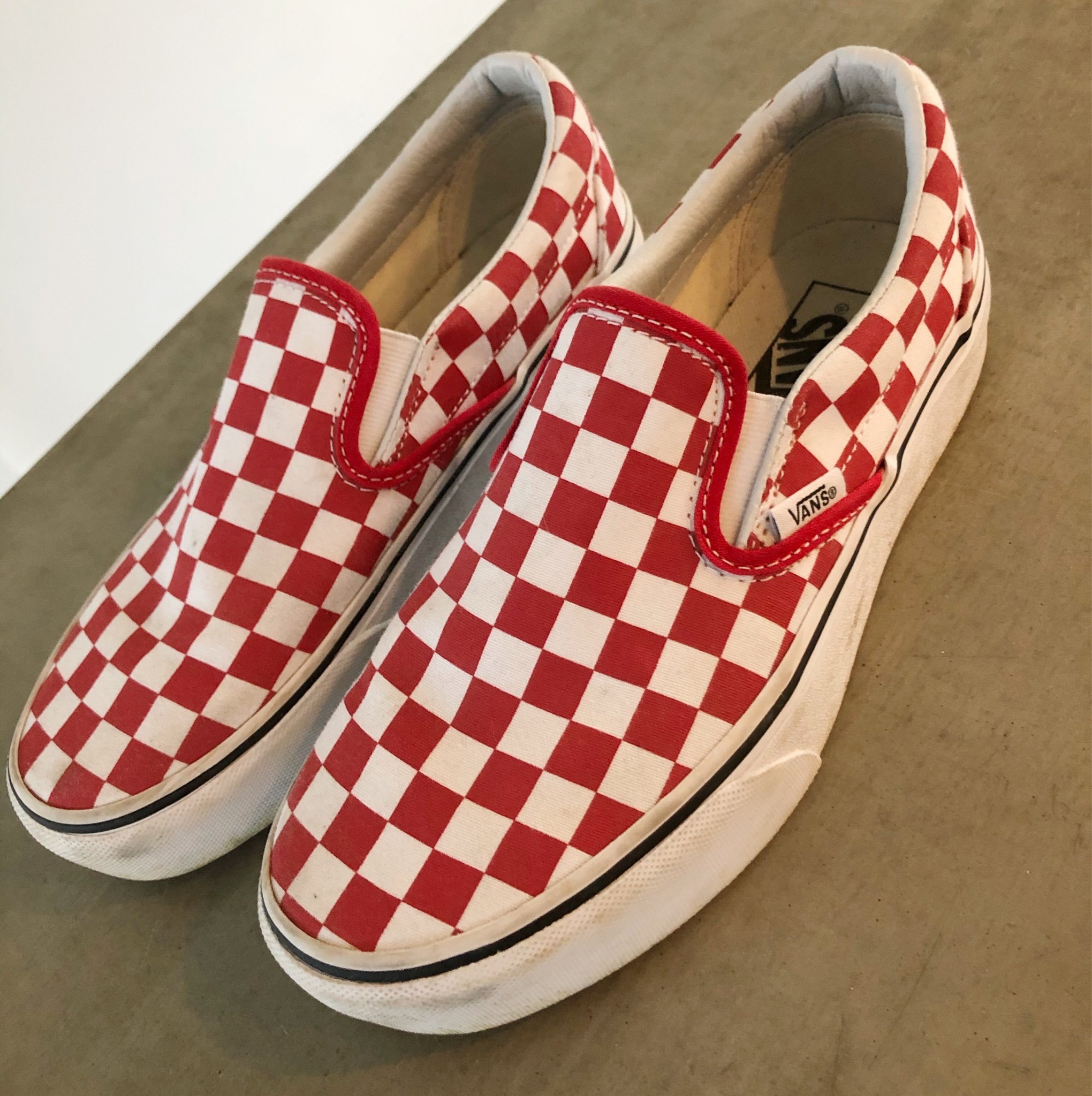 red checkered slip ons