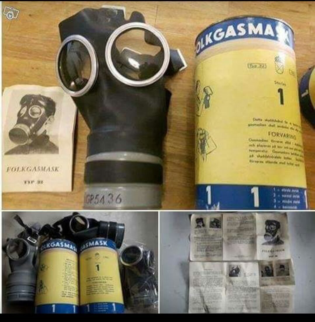 Oanvänd gasmask folkskyddsmask 32. Storlek 2. Obrutna förpackningar.