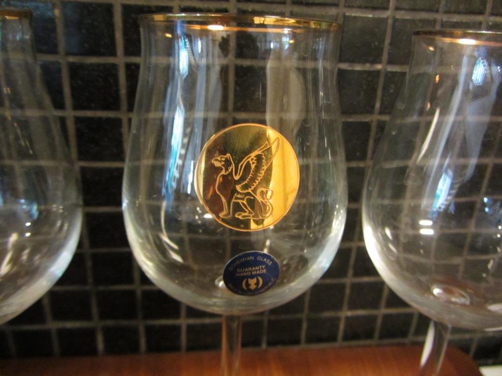 3st Vinglas Guld Lejon m Vingar Bohemian Glass Kristall