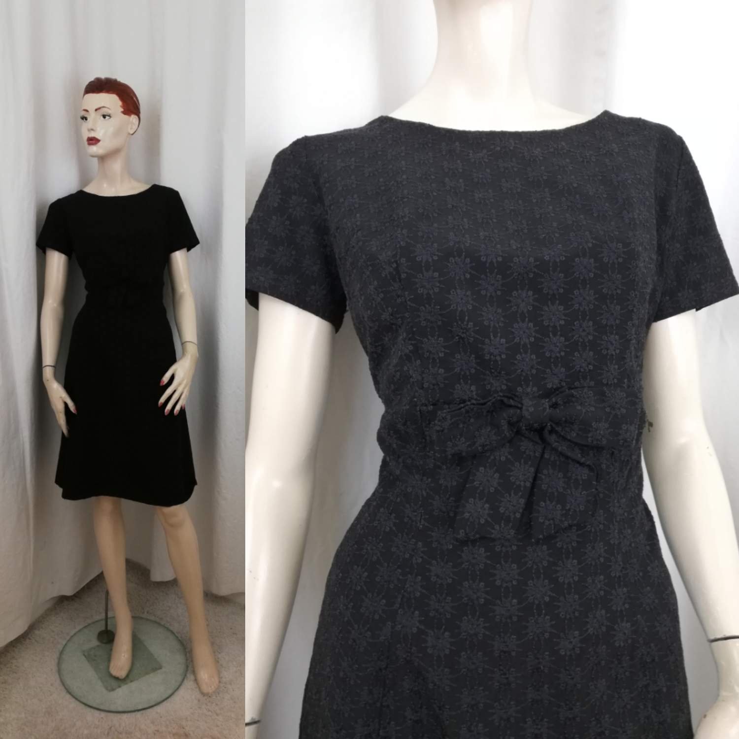 Vintage retro svart klänning med fina broderi blommor figursydd cocktailklänning Vintage retro svart klänning med fina broderi blommor figursydd cocktailklänning