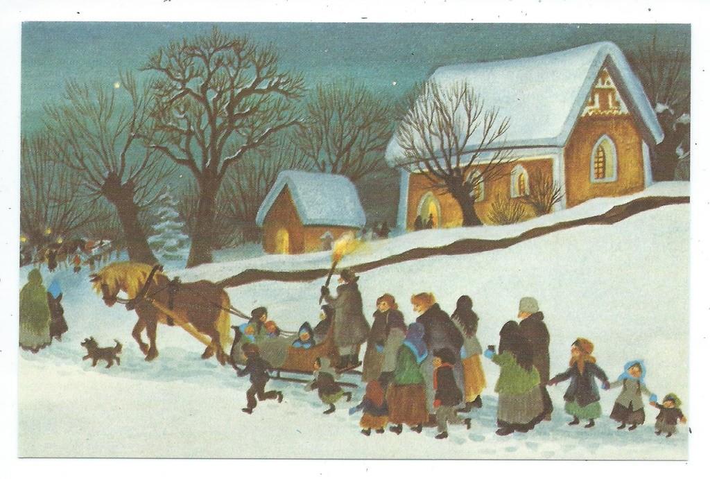 Ilon Wikland Julkort Folk på väg till kyrkan Barn Häst släde Oskrivet