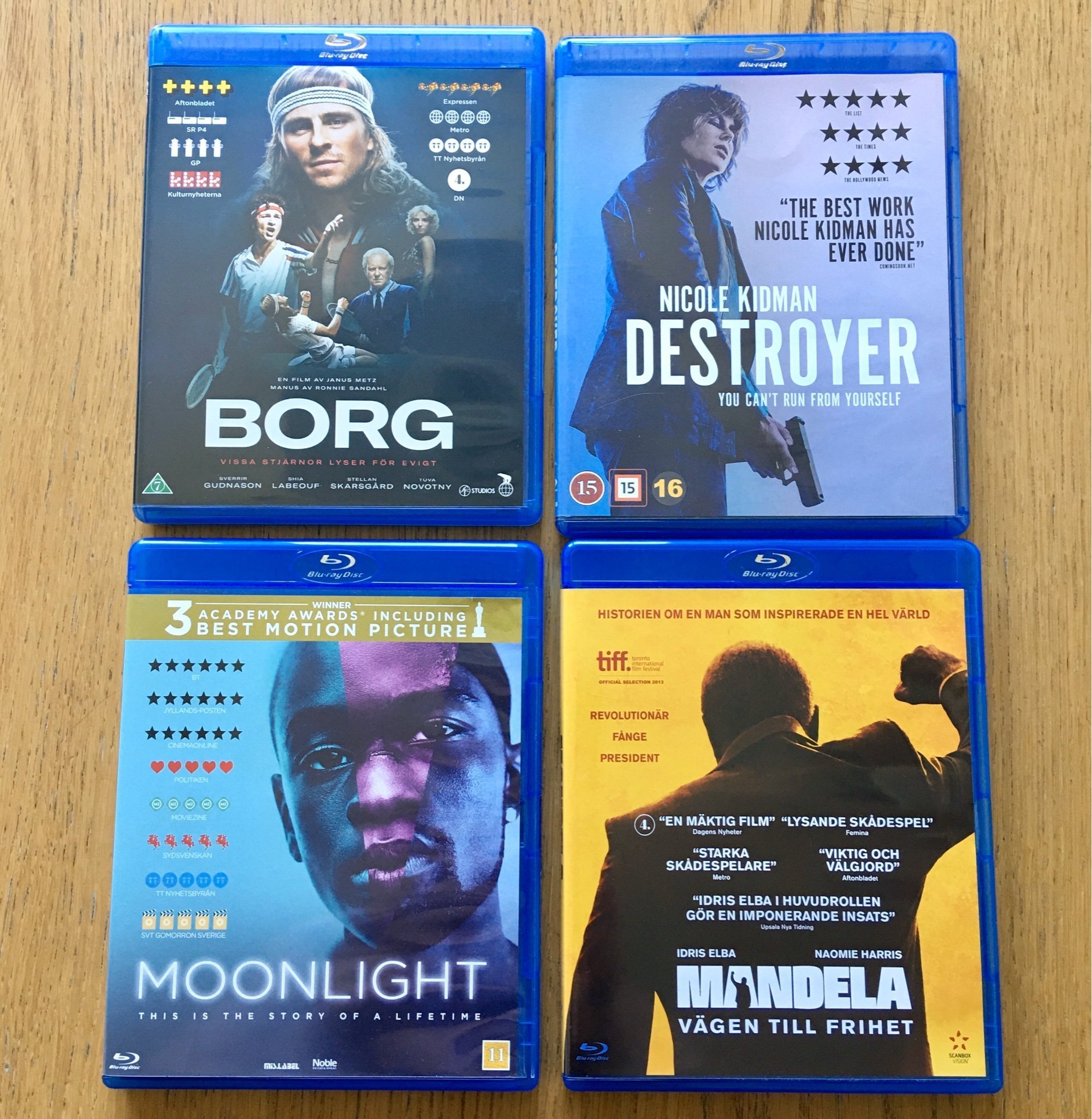 Filmpaket, blu-ray. Borg/Destroyer/Moonlight/Mandela. Drama/action. Bra skick!