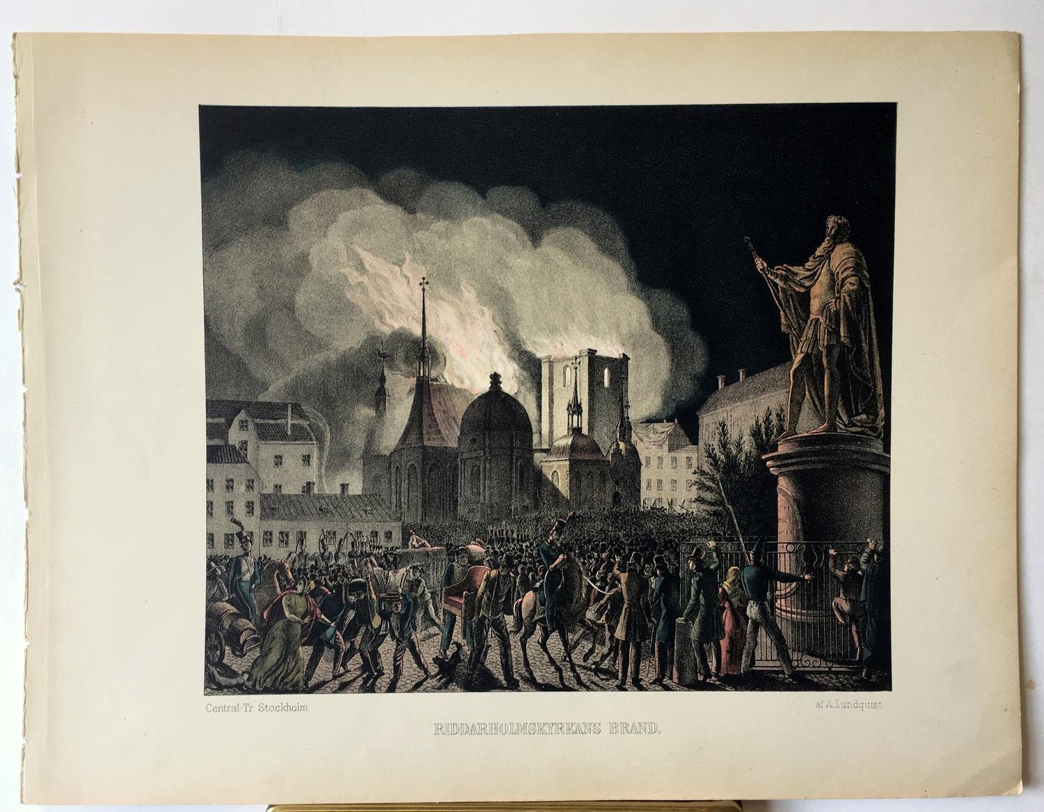 Original färglitografi av Anders Lunquist: Riddarholmskyrkans brand, 1889