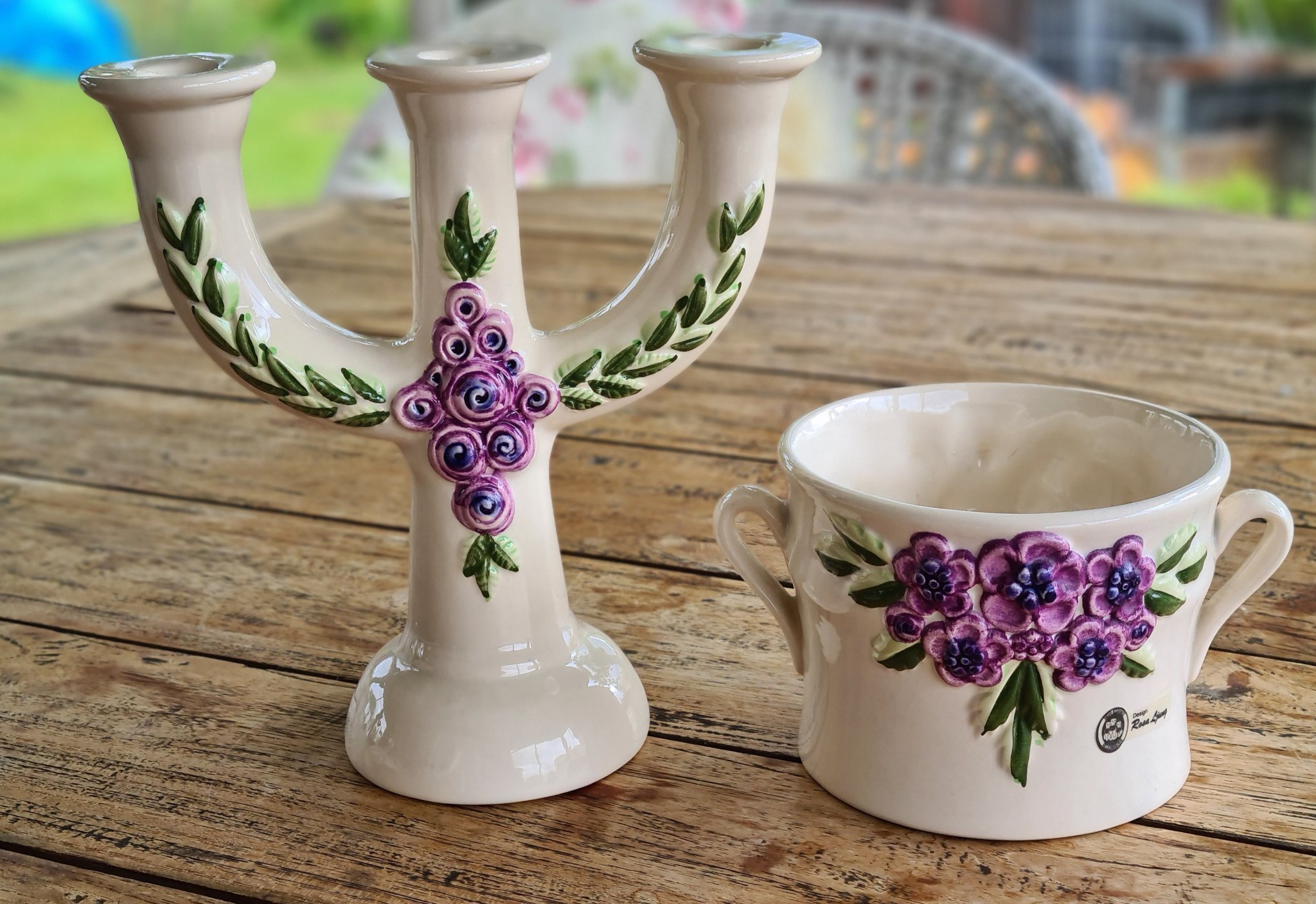 Rosa Ljung trearmad ljusstake och blomkruka