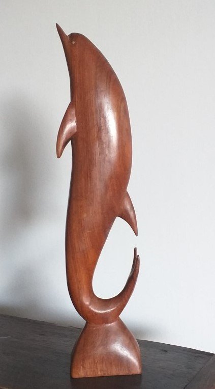 STOR delfin i teak, dansk retro från 1950 / 1960-tal 39 cm hög utan skador