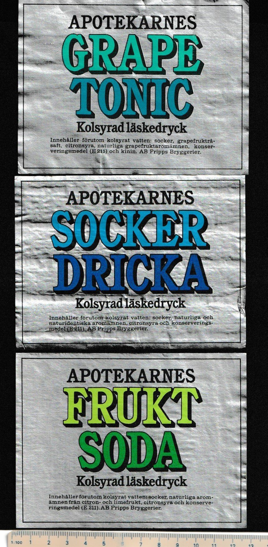 Pripps Bryggerier, 3 stora avblötta läsketiketter Apotekarnes