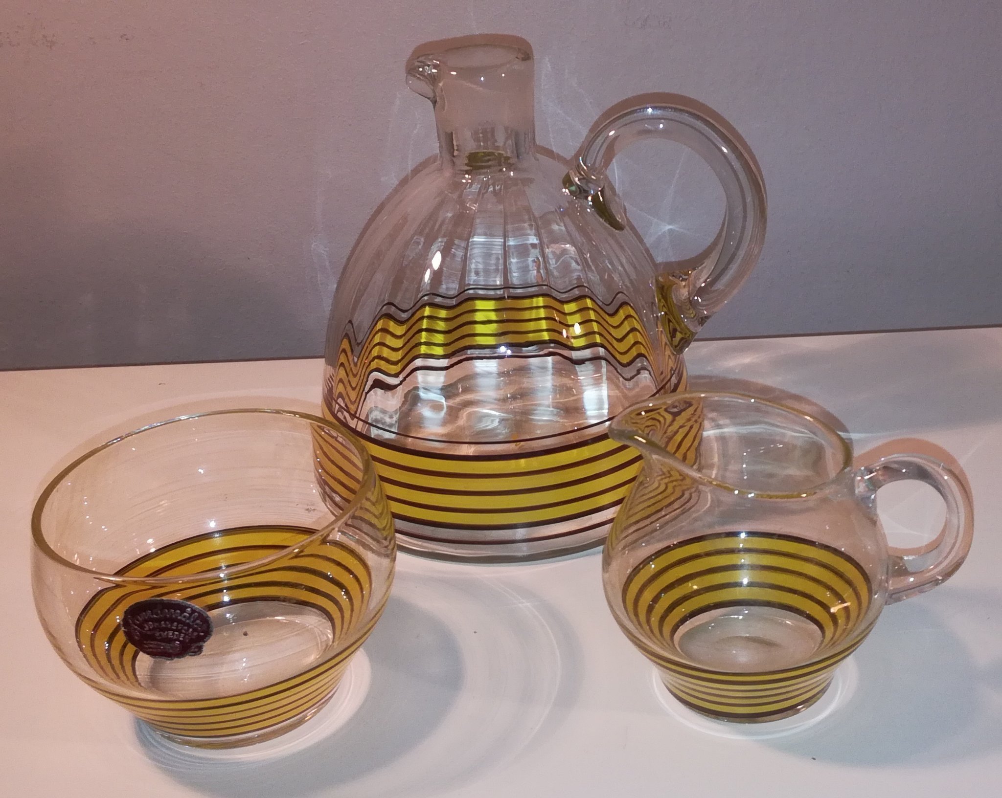 Karaff Sockerkanna Gräddkanna i glas design Bengt Orup för Johansfors 1950-tal