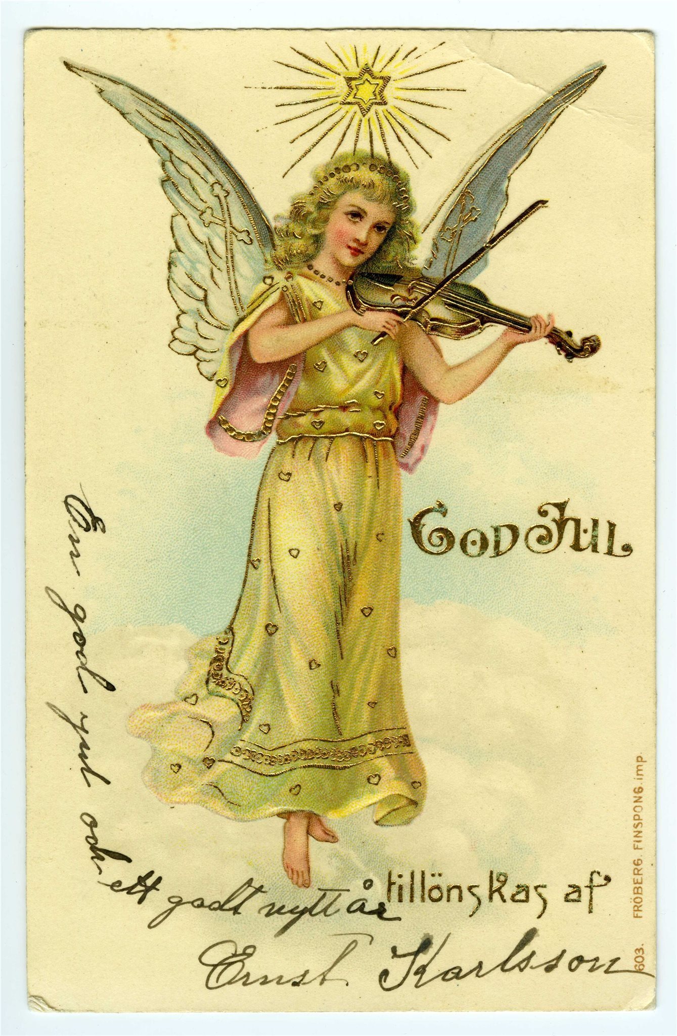 God Jul, ängel spelar fiol,,relief, guldpräglin.. (338774652) ᐈ Köp på