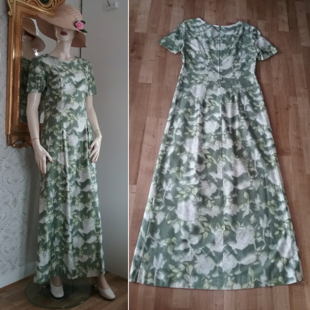 Retro grön blommig långklänning fi.. (394869238) ᐈ Retro grön blommig långklänning fin modell kort arm 70 tal