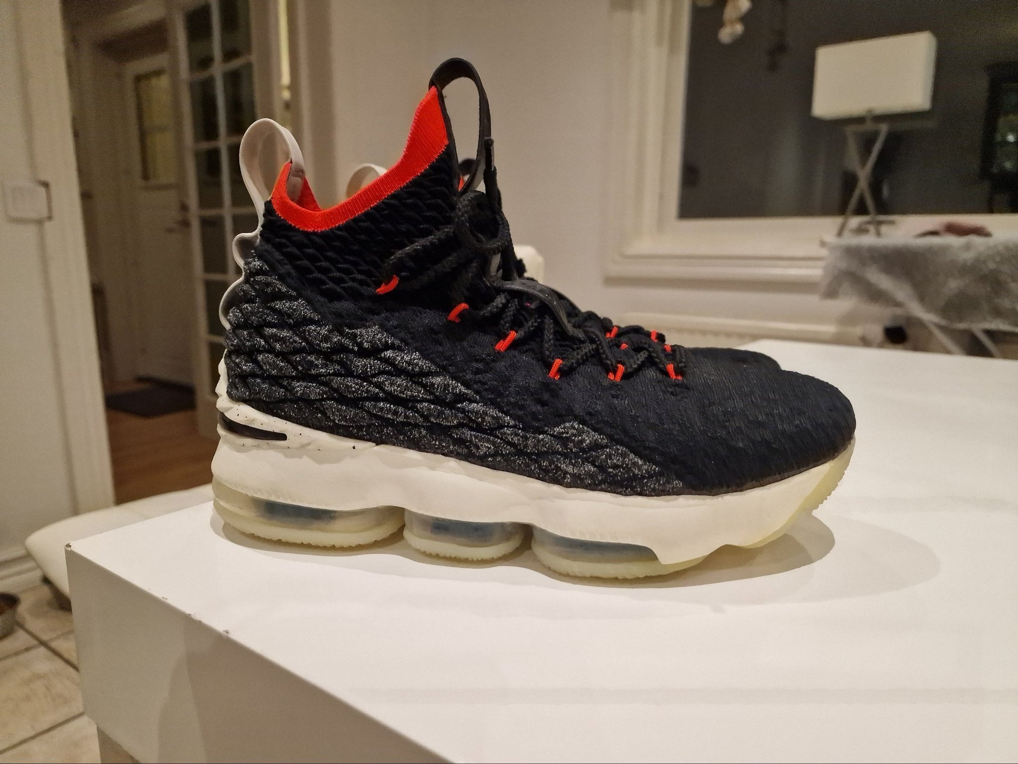 Lebron 15 bright crimson on feet top
