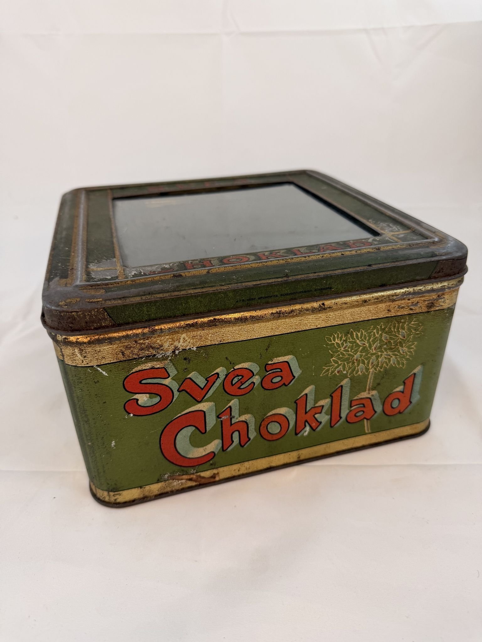 Nr42 ÄLDRE BURK LITOGRAFERAD BLECKPLÅT &amp; GLASLOCK SVEA CHOKLAD