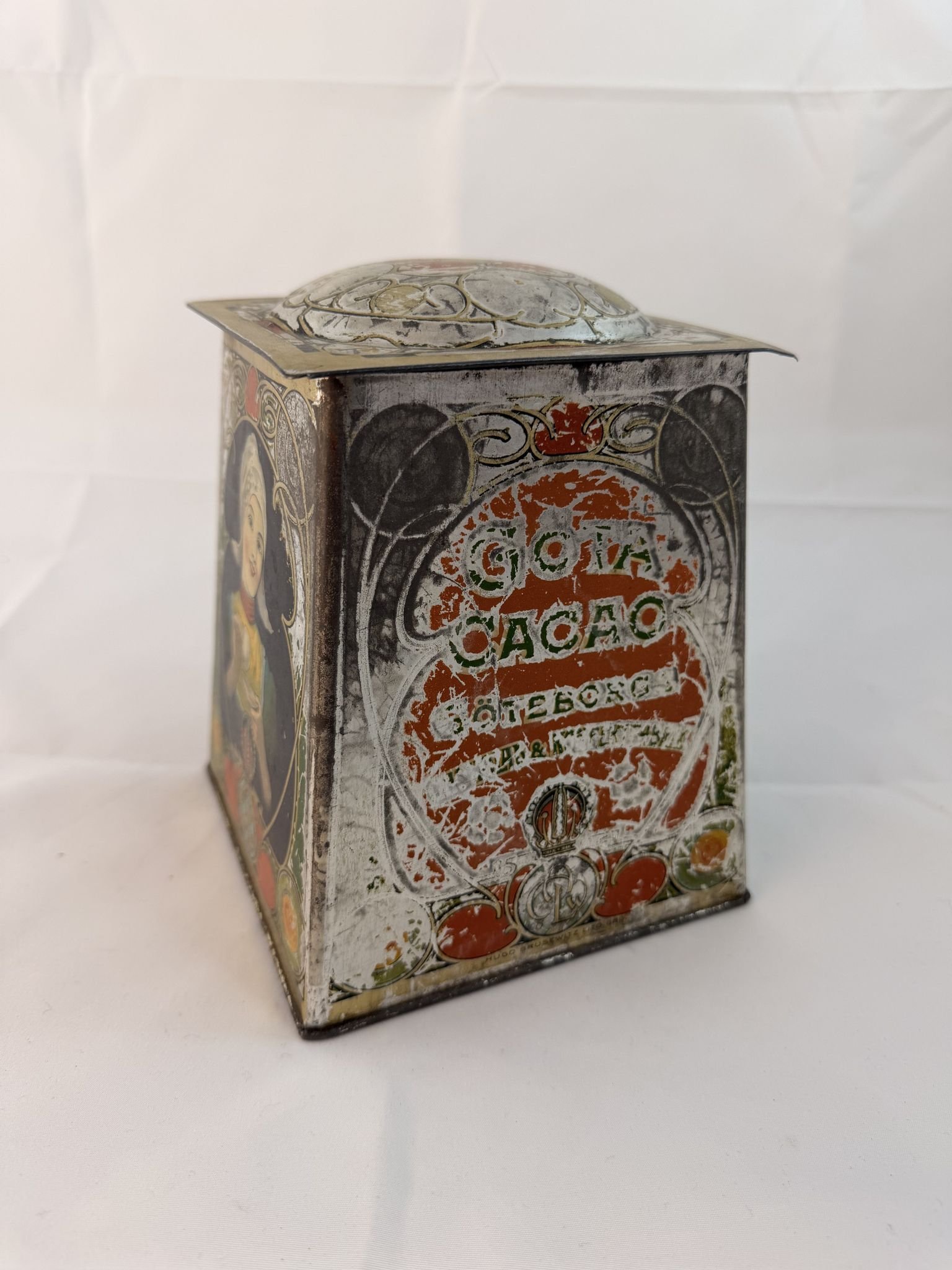 Nr3 ÄLDRE BURK LITOGRAFERAD BLECKPLÅT GÖTA CACAO JUGEND STIL