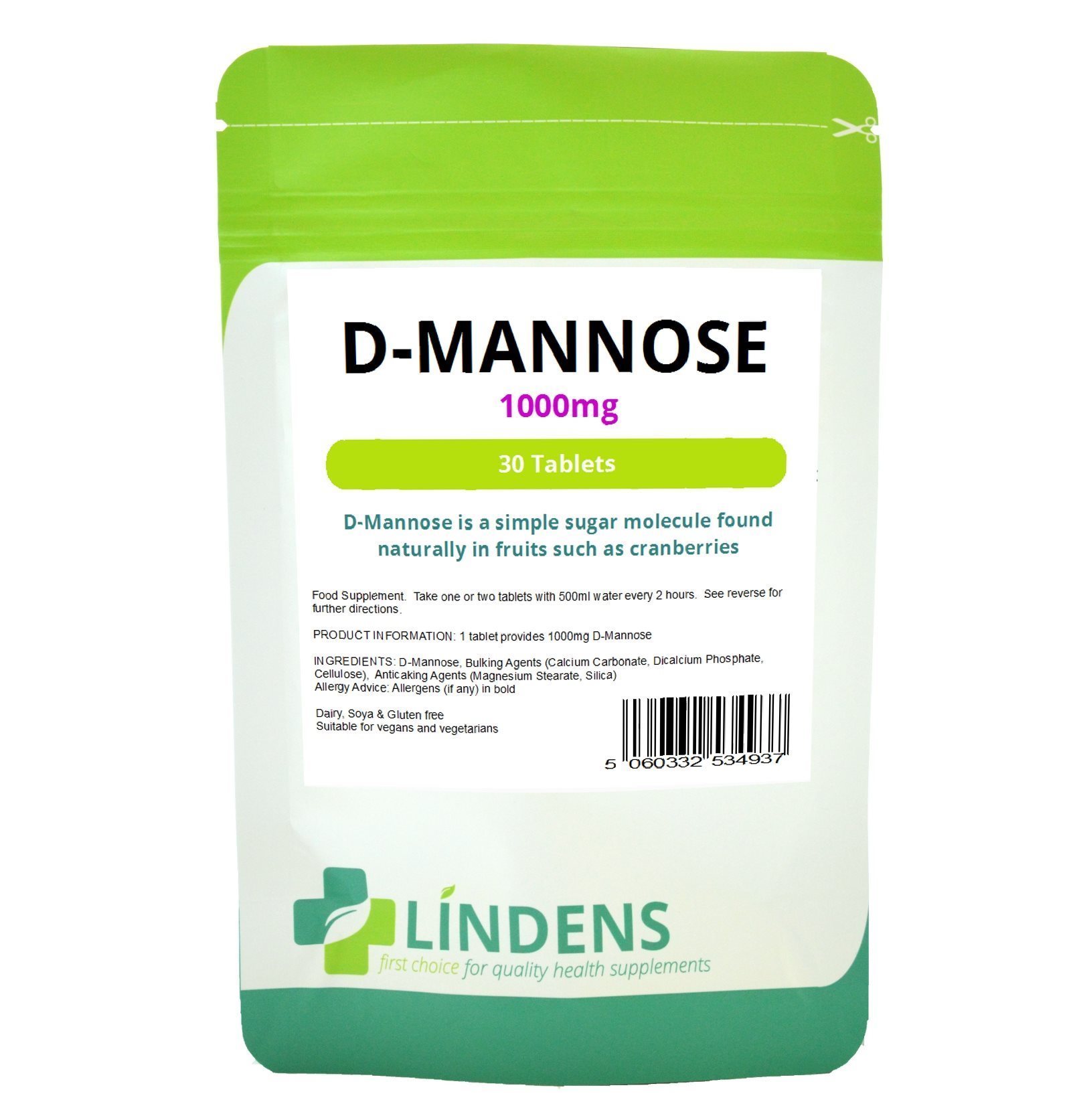 Lindens D-Mannose D Mannose 1000mg Dubbel Pack 60 Tabletten d-Mannos