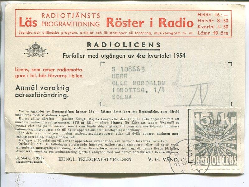 15kr Licensmärke på Radiolicens, Solna 1 1953