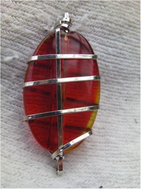 Handmade Iron Wire Wrapped Glass Pendant Oval Red 47x21mm