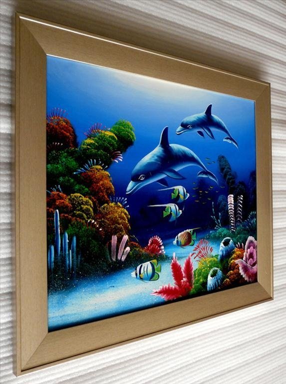 Fiskar i havet, oljemålning med ram Yttermåtten: 62 x 72 x 5 cm
