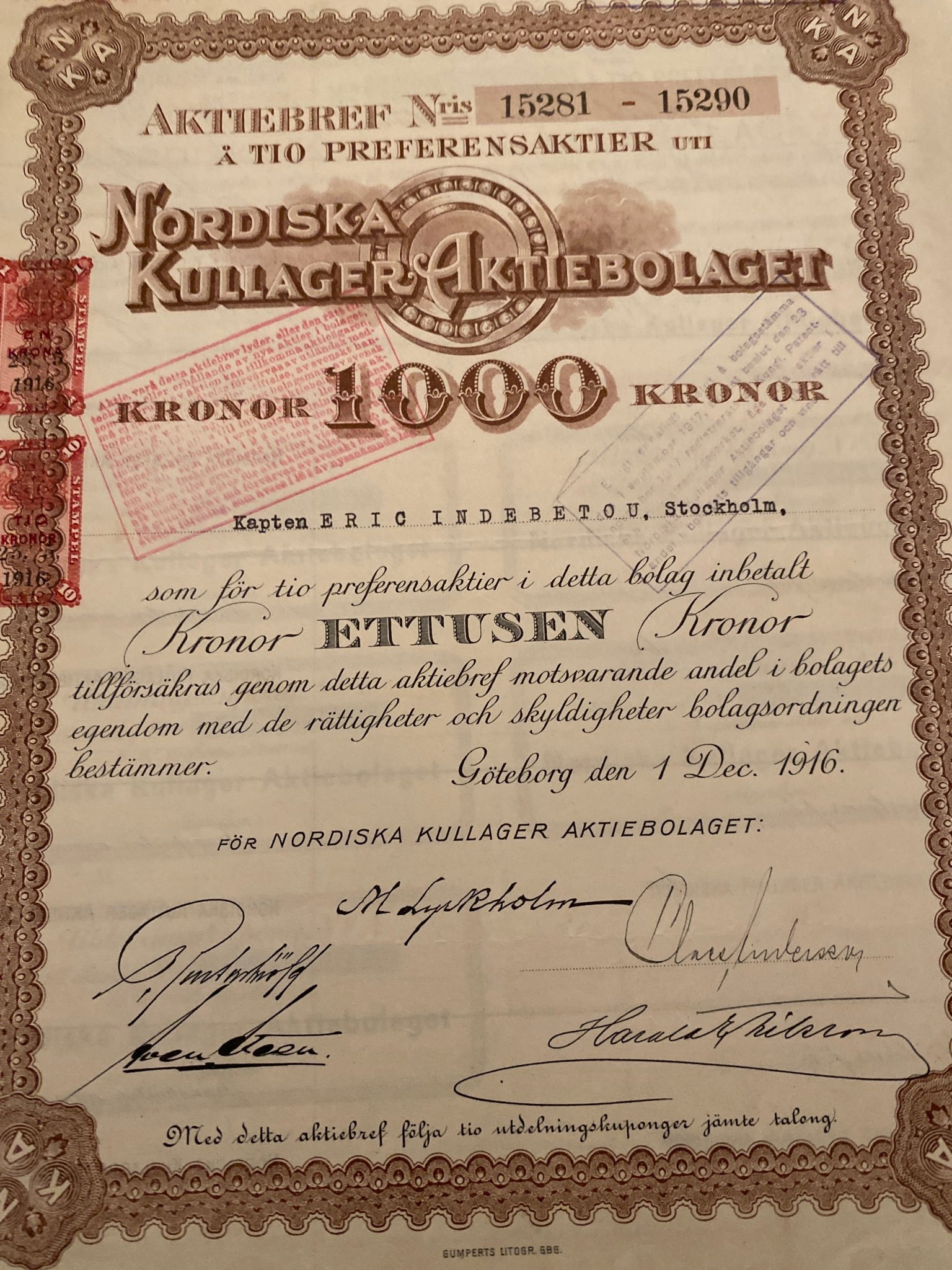 Aktiebrev Nordiska Kullager Aktiebolaget (413157726) ᐈ Köp på Tradera