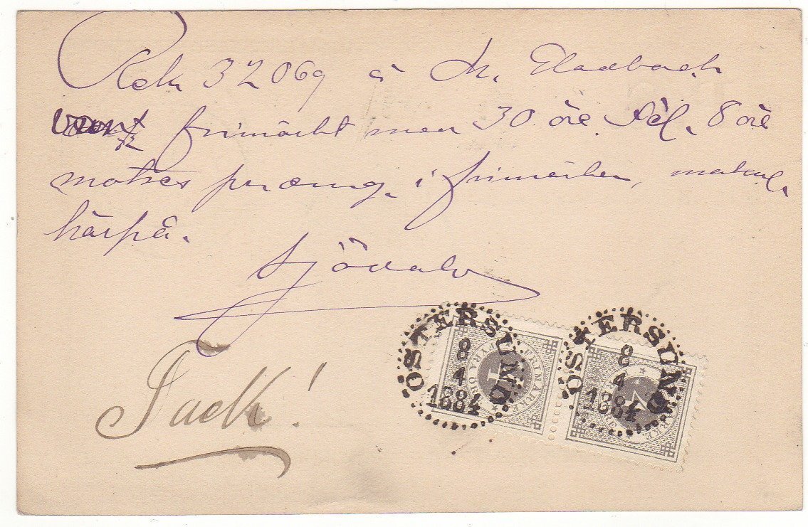 Ovanligt PS-kort som Eftertaxeringskort för utlandsrek par F29 Östersund 1884