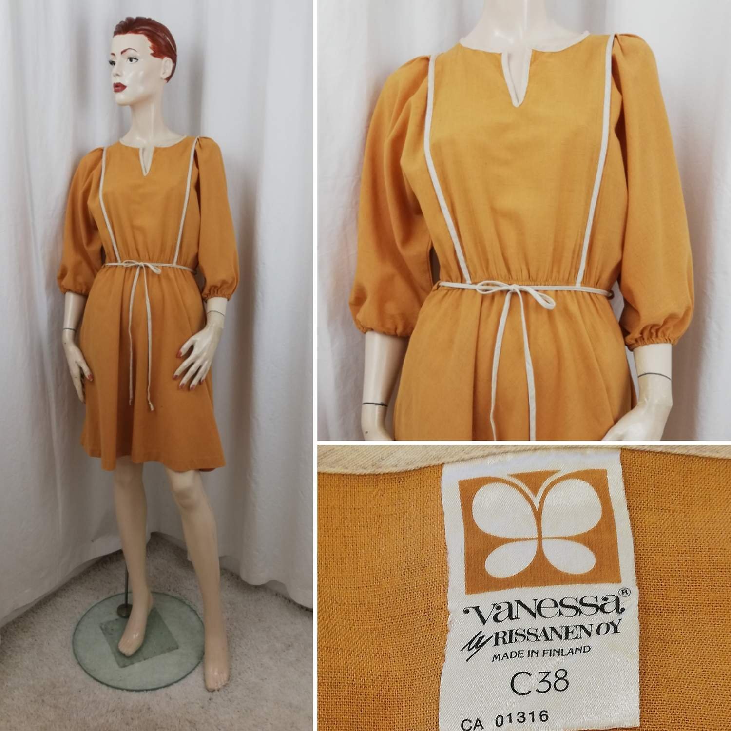 Vintage retro orange beige klännin.. (401684346) ᐈ Retro stickat material klänning randig vit guld beige lång