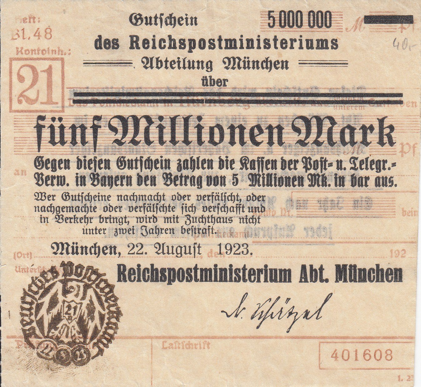 Tyskland Reichspost 5 Millionen Mark 1923 S 438352632 ᐈ Kop Pa Tradera