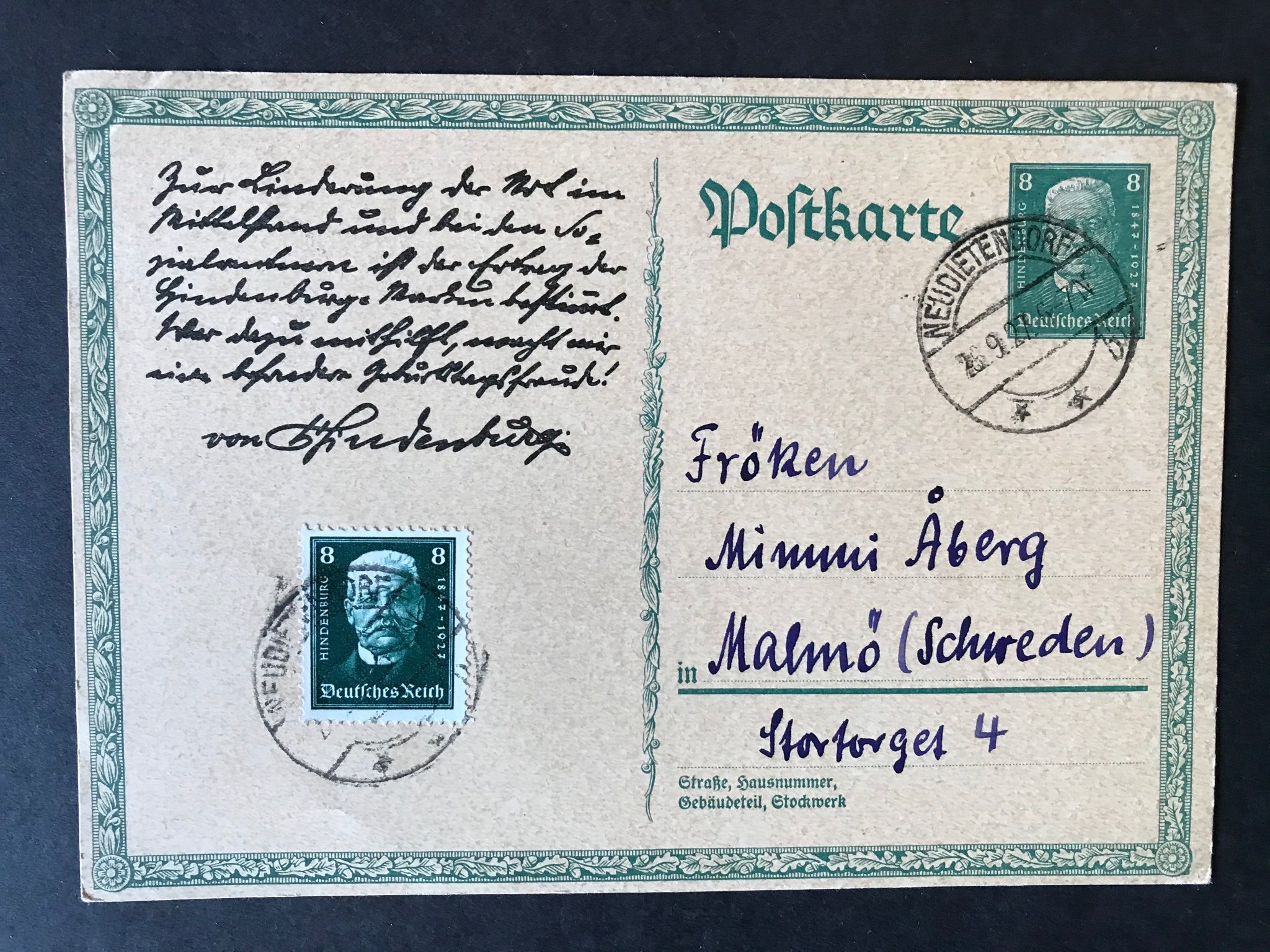 Mi 403 - 8 pf Första dag stämplad!! på 8 pf Postkarte till Sverige