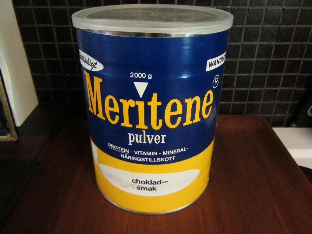 Stor Plåtburk Meritene Pulver Lock Protein Chokladsmak Retro