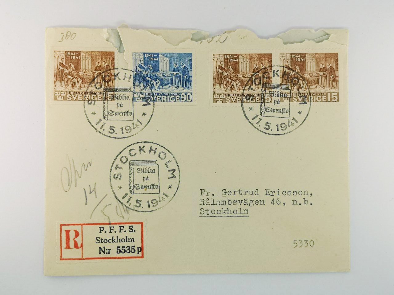 Fint äldre brev 1941 Sverige Stockholm 15 och 90 frimärke 1541-1941