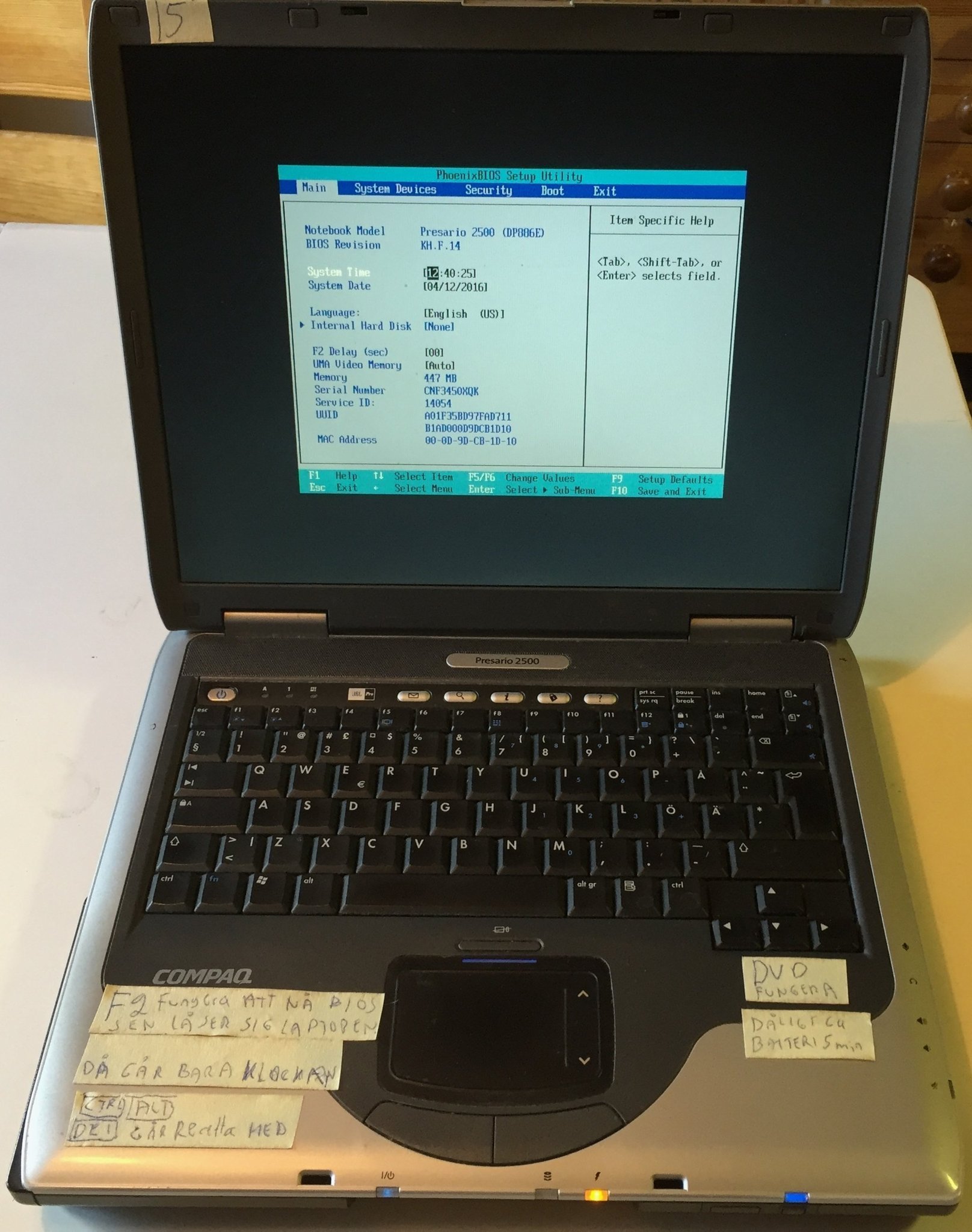 CompaqPresario2500 starta men låser sig i Bios.DVD/skärm100 %ok.Ej la/HD.KassBat