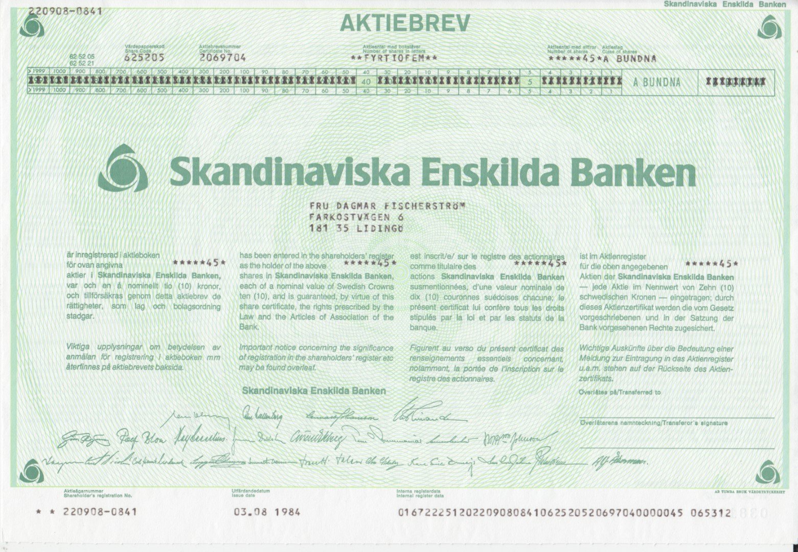 Aktiebrev 1984 Skandinaviska Enskilda Banken Köp på Tradera (546262299)