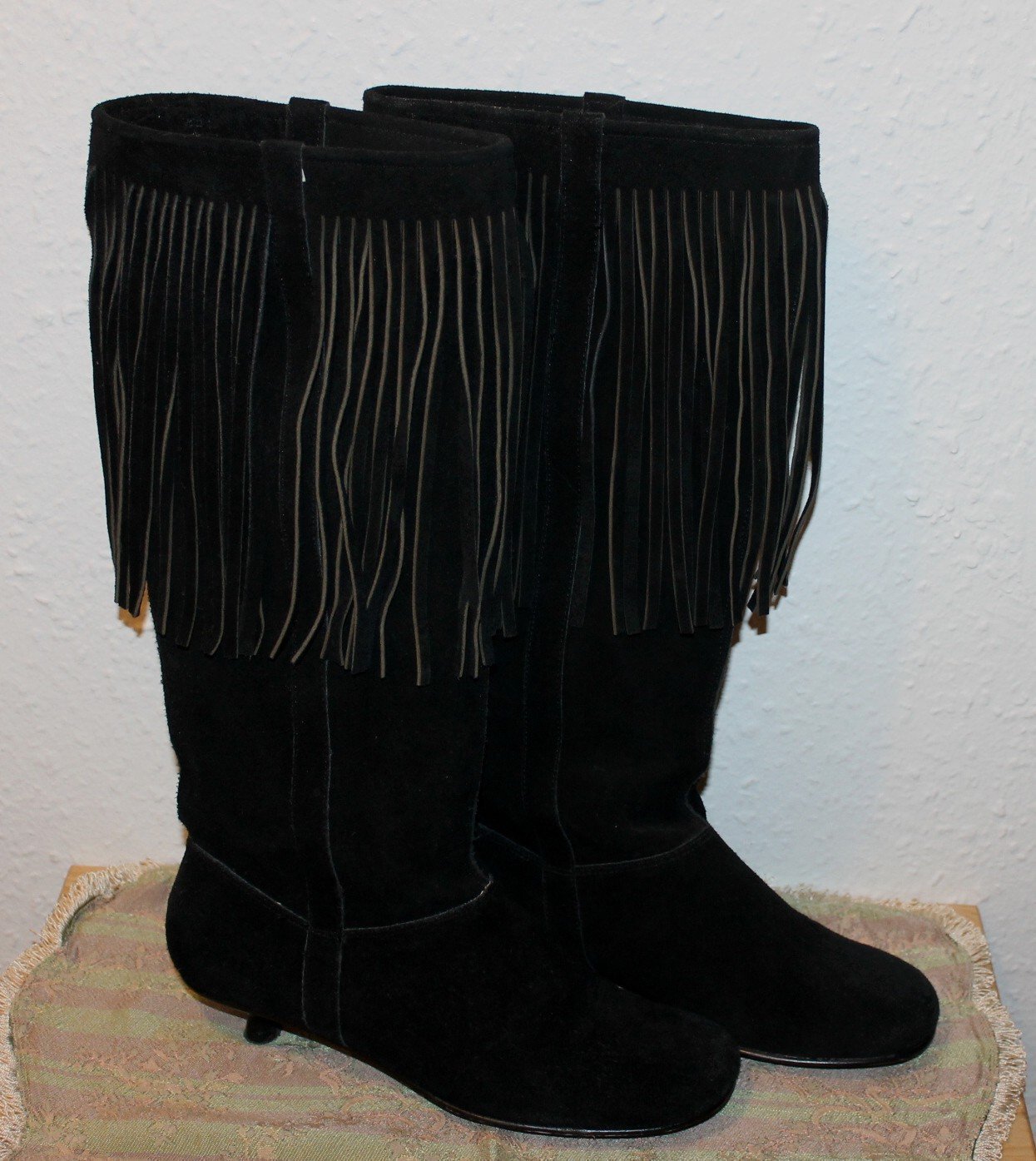 Retro svarta mocka nubuck stövlar med långa fra.. (406369218 Retro svarta mocka nubuck stövlar med långa fra.. (406369218