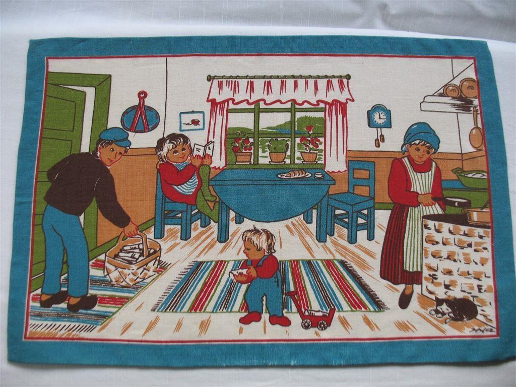 Tryckt bonad vÃggbonad i lin linne signerad hifa allmoge kÃk retro ...