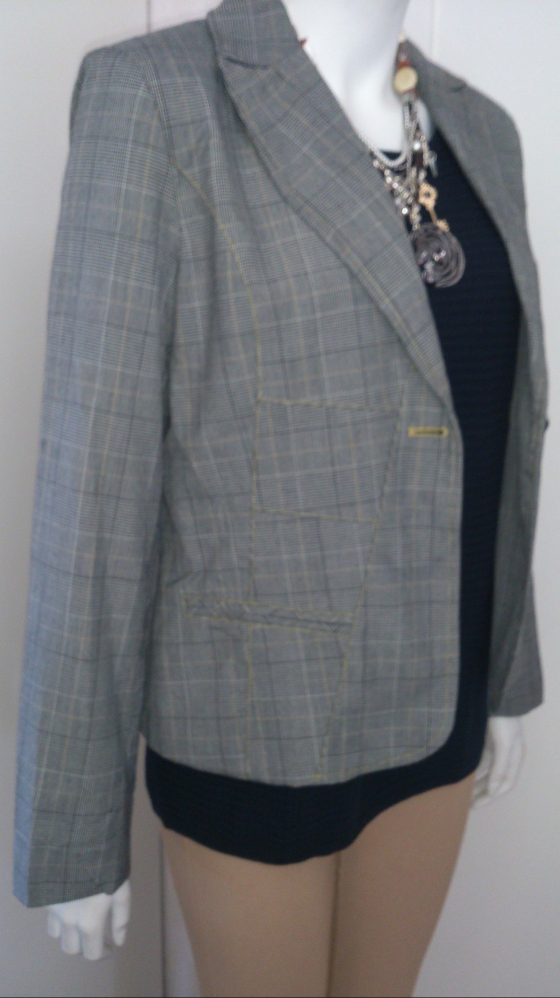 Kavaj, 40, jacka, rutig, Jensen, Oanvänd, blazer, tags, fodrad, svart, gul, L