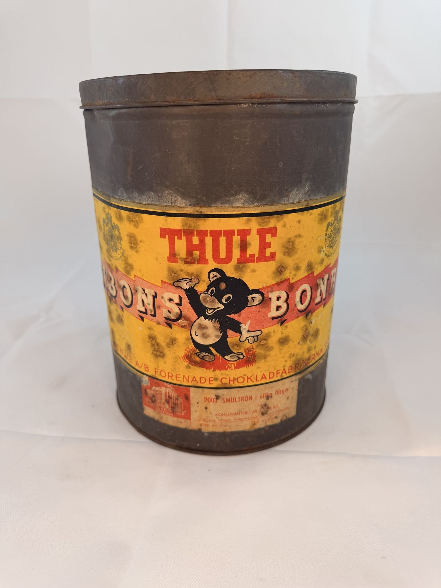 Nr26 ÄLDRE BURK PAPPERSETTIKET BLECKPLÅT THULE BONBONS