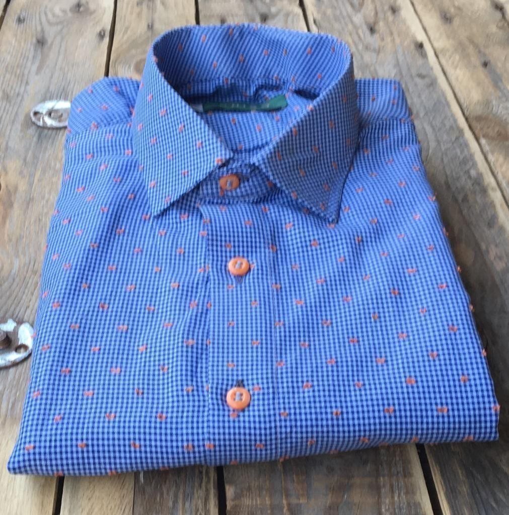 "CHISO SHIRTS" Ny blårutig skjorta med orangea detaljer i storlek L