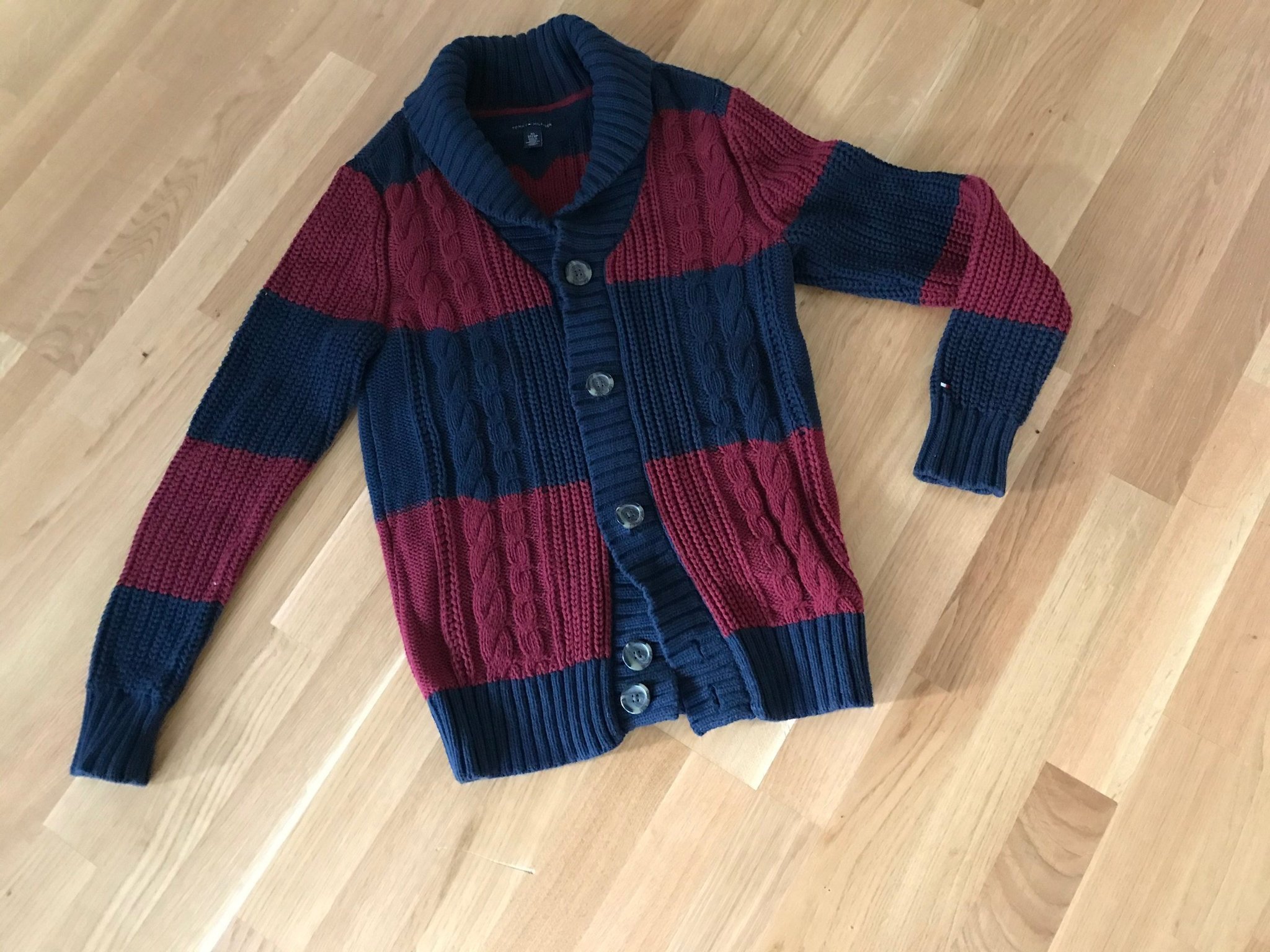 Tommy Hilfiger Marin blå och röd tjock kofta cardigan Strl:XS (passar M)