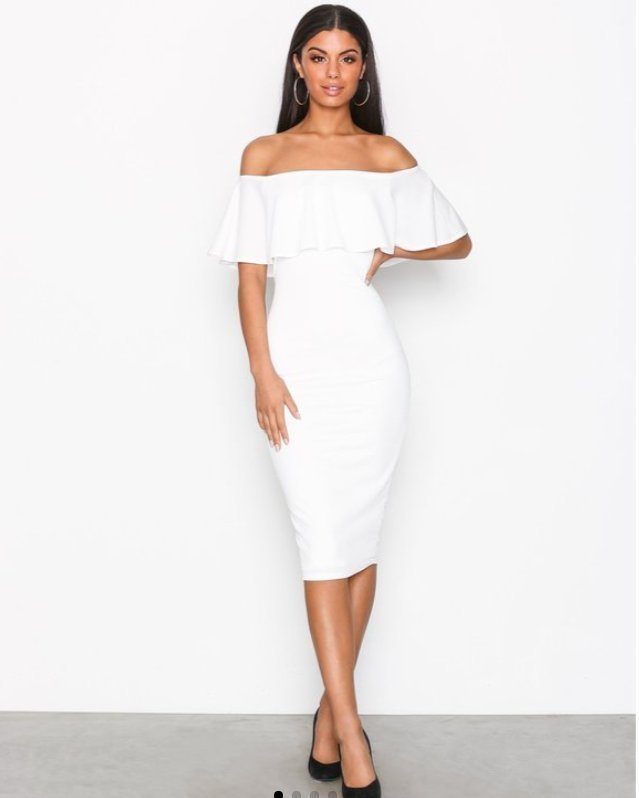 SLUTSÅLD Exklusiv Vit FRILL CREPE DRESS Midi Klänning Nelly NLY One