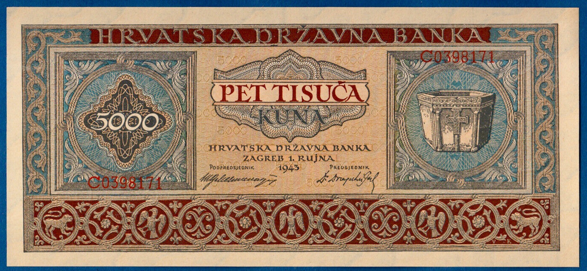 CROATIA 5000 5,000 KUNA 1943 P 13 UNC