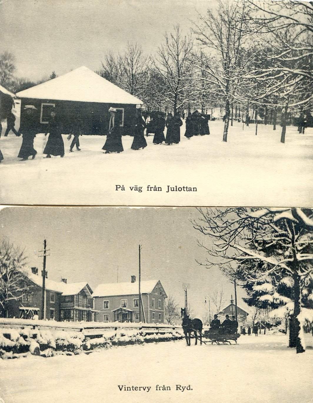 2 charmig vintervyer från Ryd bl a På väg till julottan Foto G Svensson 1910tal