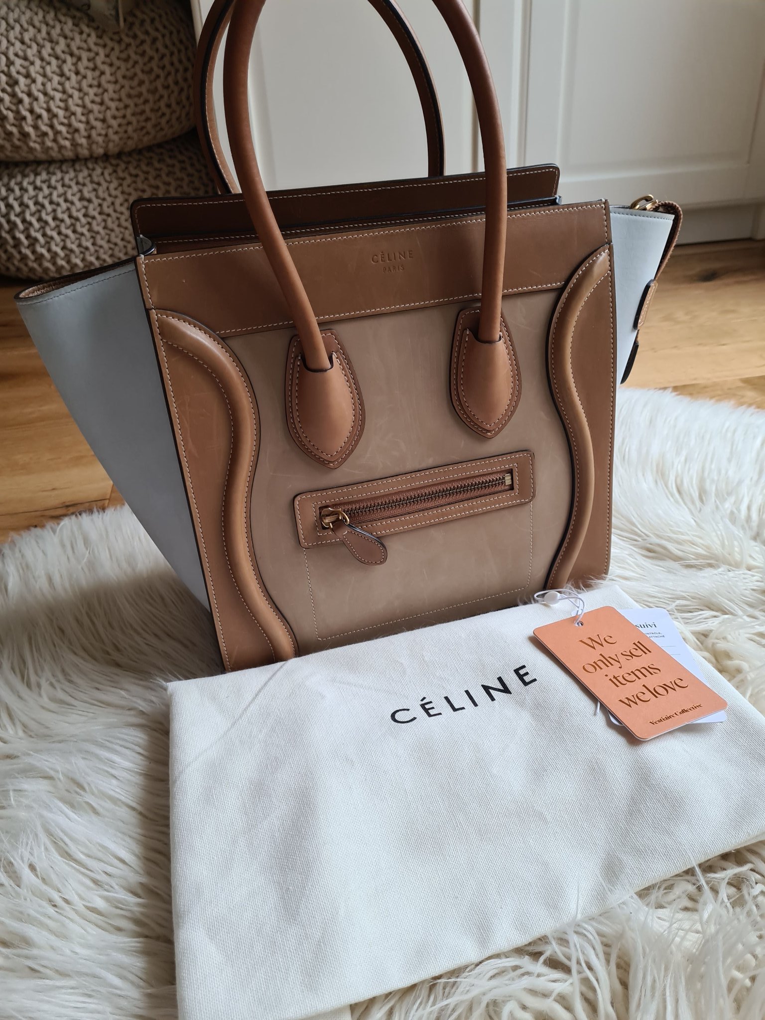 Celine micro luggage väska ekbrun beige kalvskinn Celine micro luggage väska ekbrun beige kalvskinn