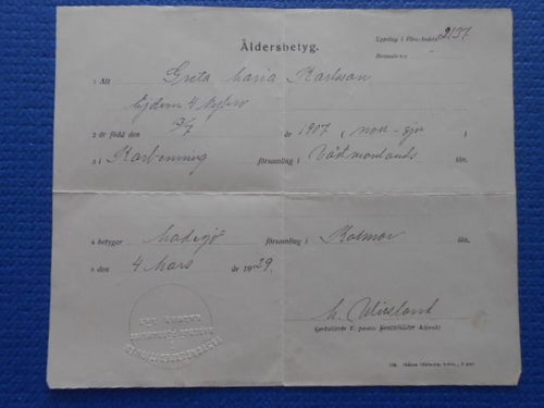 Åldersbetyg Kalmar 1929 stämplad Madesjö församling