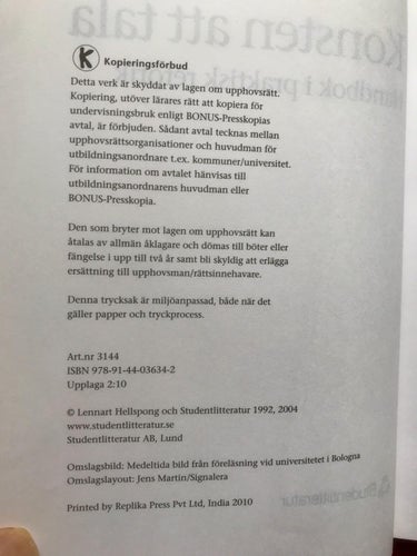 KONSTEN ATT TALA Handbok i praktisk retorik Lennart Hellspong 2010