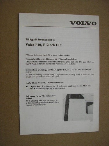 VOLVO Tillägg Instruktionsbok Lastbil F10 F12 F16