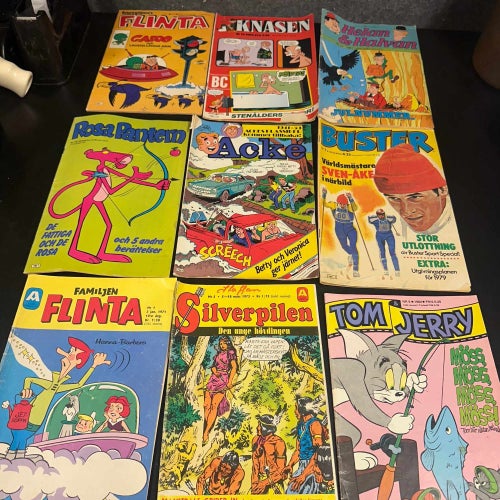 9 st. blandade Serietidningar - Flinta, Knasen, Rosa Panta, Buster, mm